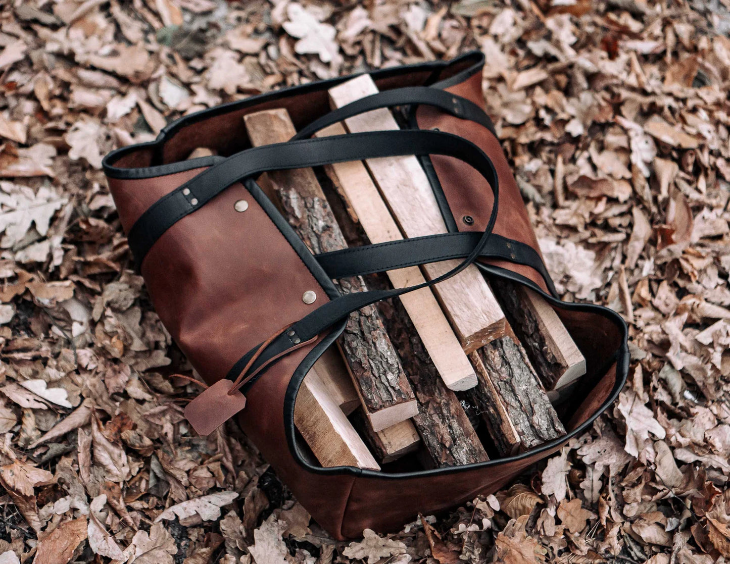 Genuine leather log carrier firewood bag