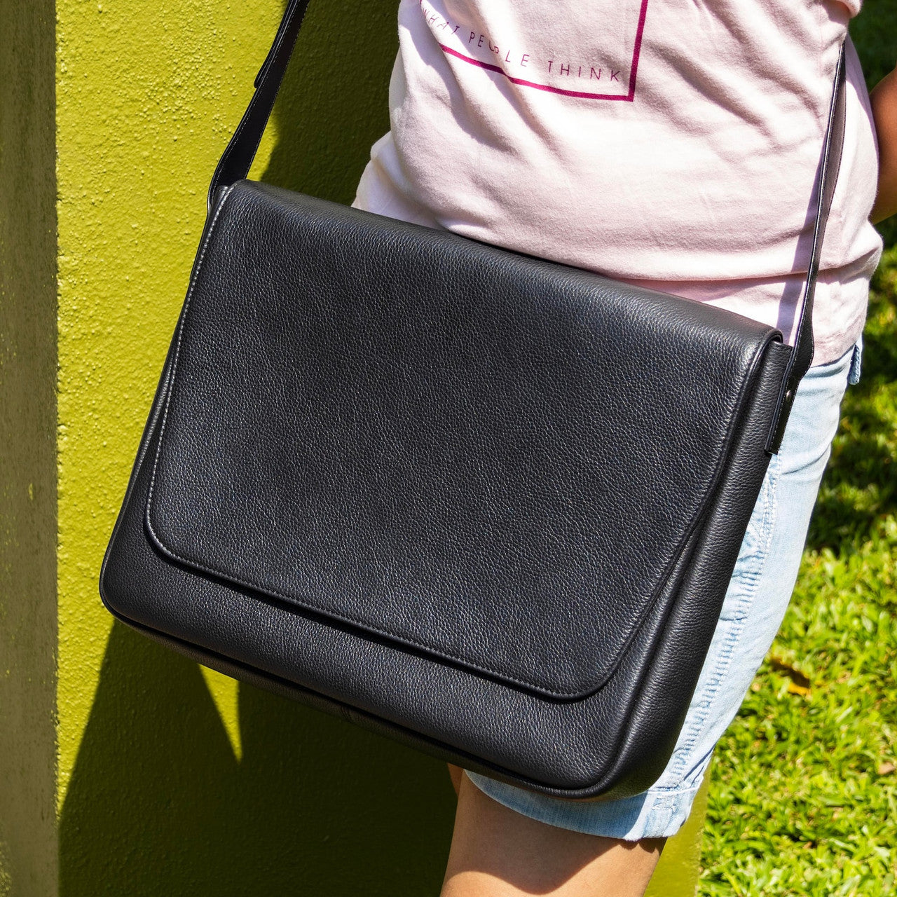 Black Leather Laptop Messenger Bag