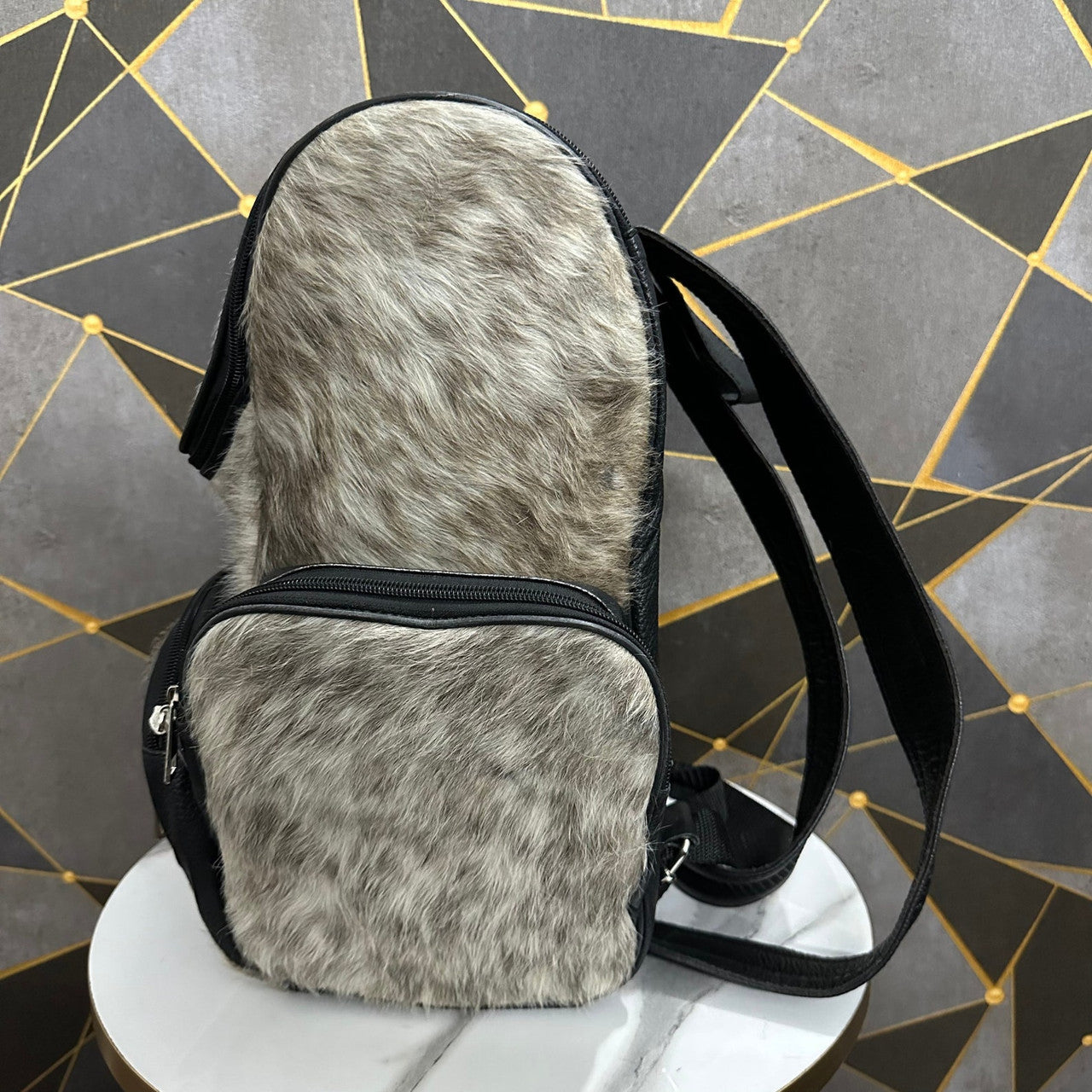 Grey Black Cowhide Backpack