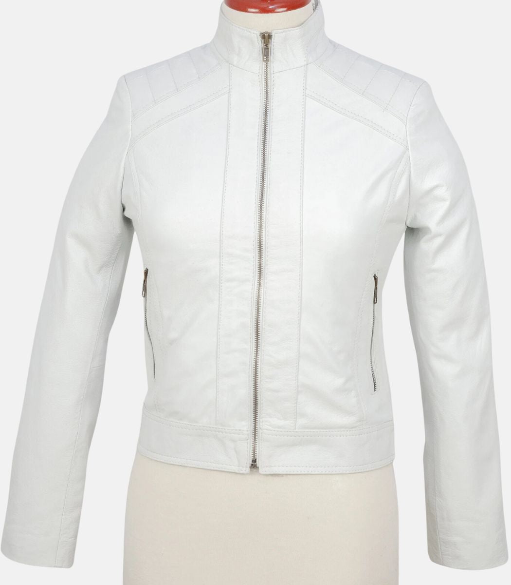 White Bomber Leather Jacket Women