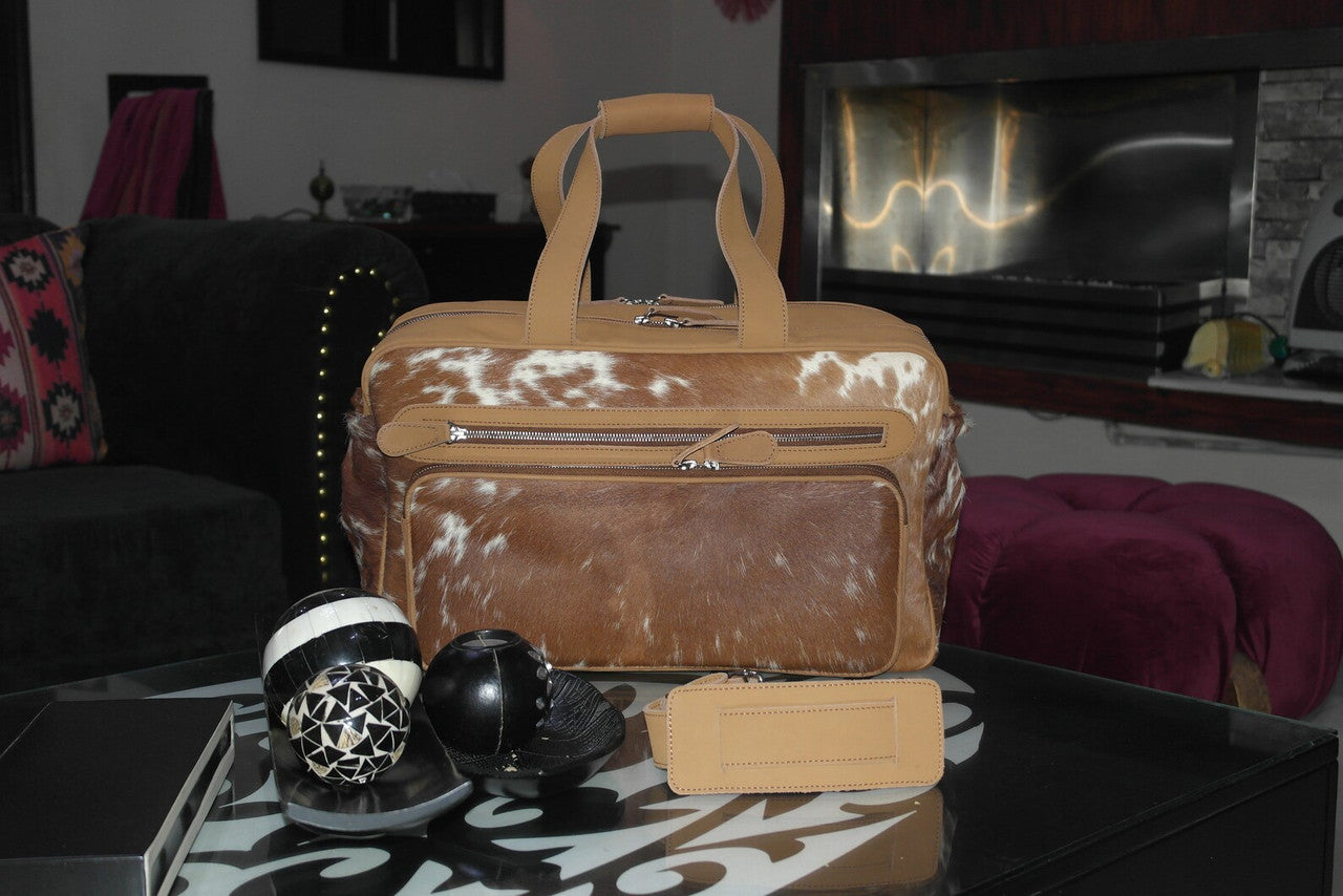 Natural Cowhide Duffle Bag Brown White