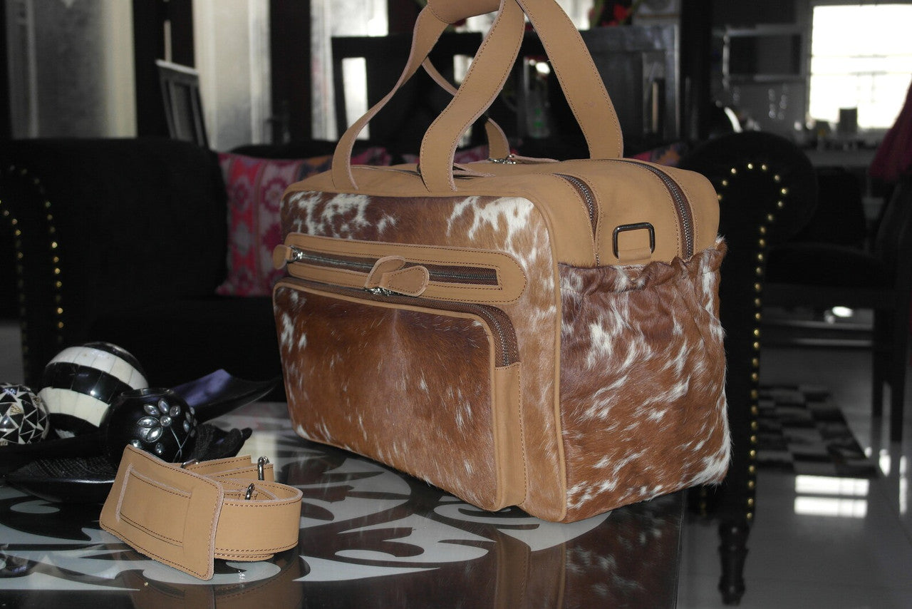 Natural Cowhide Duffle Bag Brown White