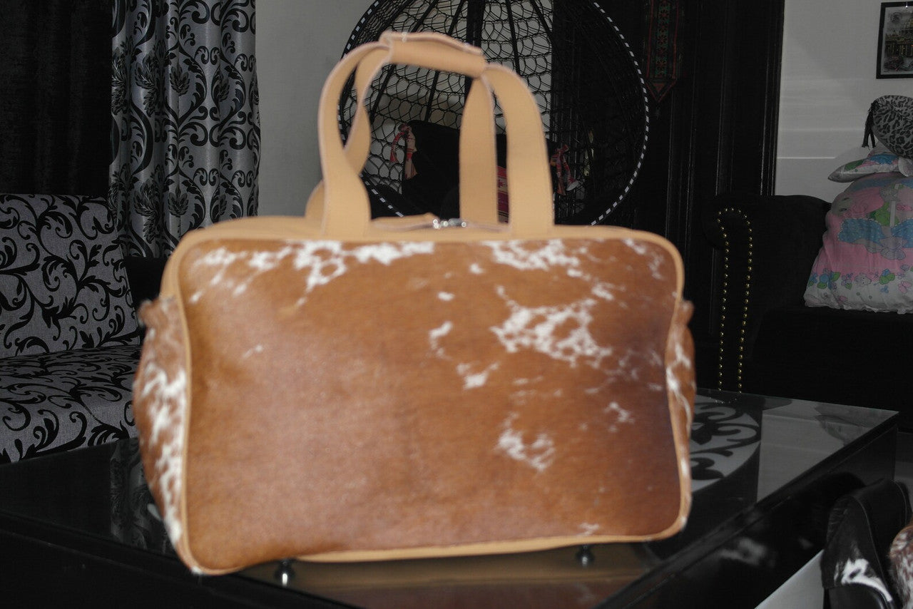 Natural Cowhide Duffle Bag Brown White