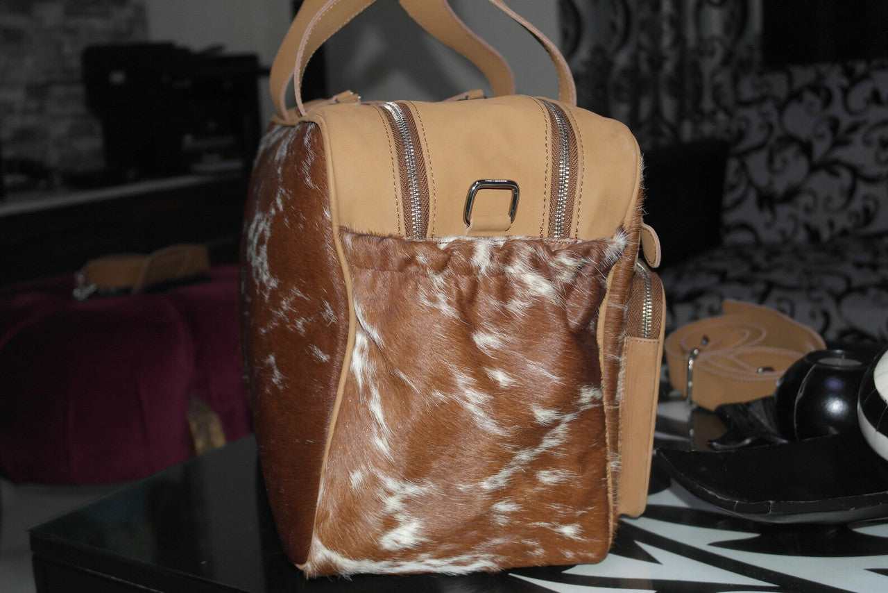 Natural Cowhide Duffle Bag Brown White