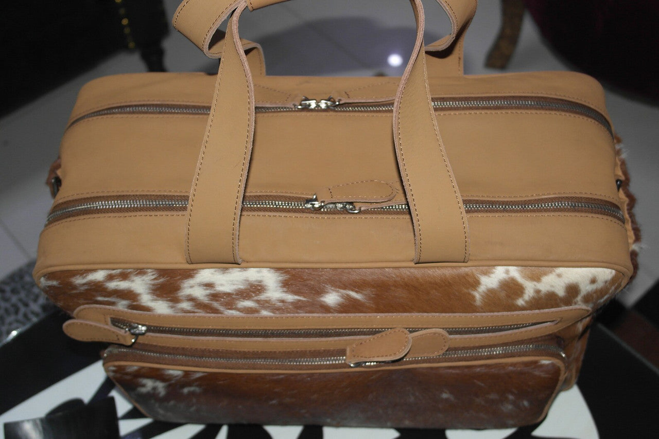 Natural Cowhide Duffle Bag Brown White