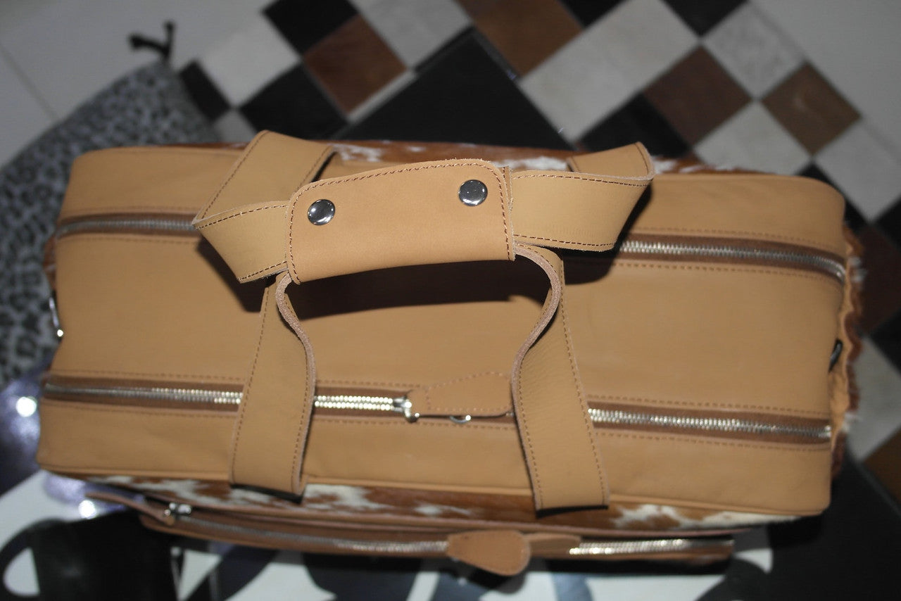 Natural Cowhide Duffle Bag Brown White