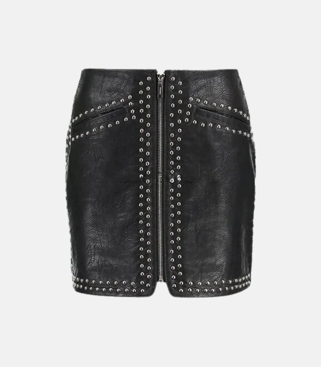 Black Leather Studded Rivets Mini Skirt