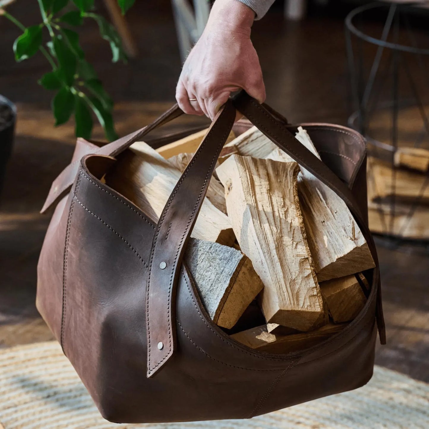 Leather Wood Carrier Log Basket