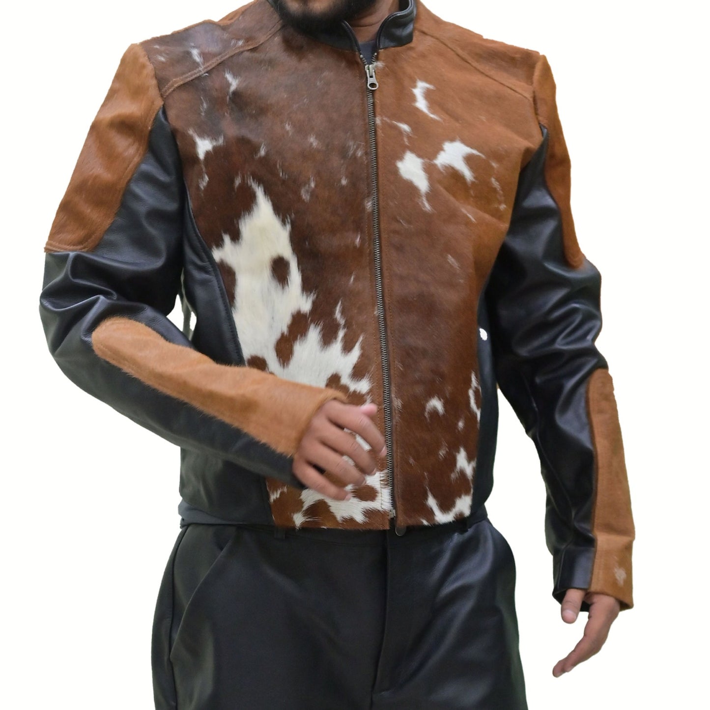 Leather Cowhide Jacket Brown White