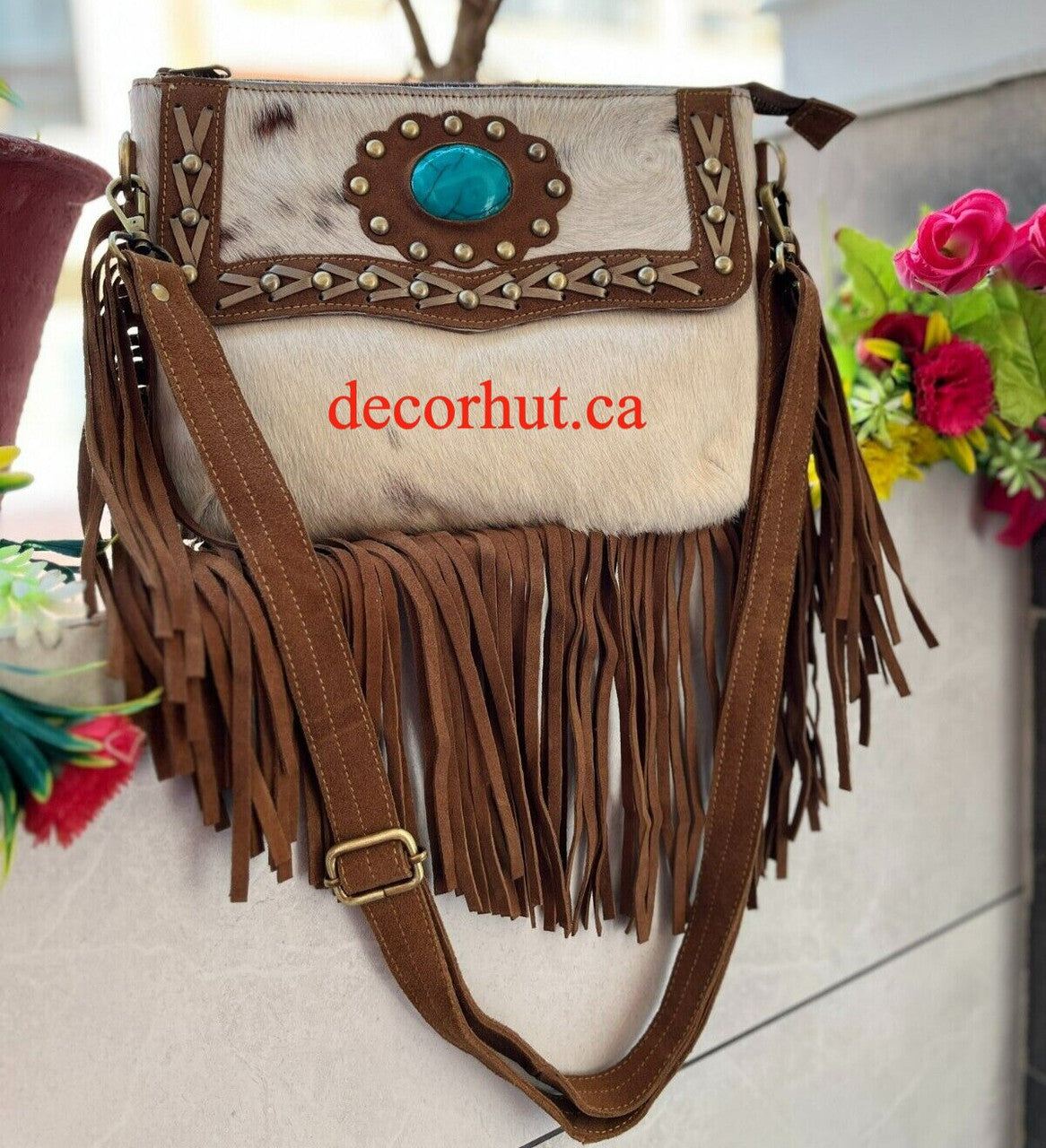 Cowhide Tooled Bag Brown White