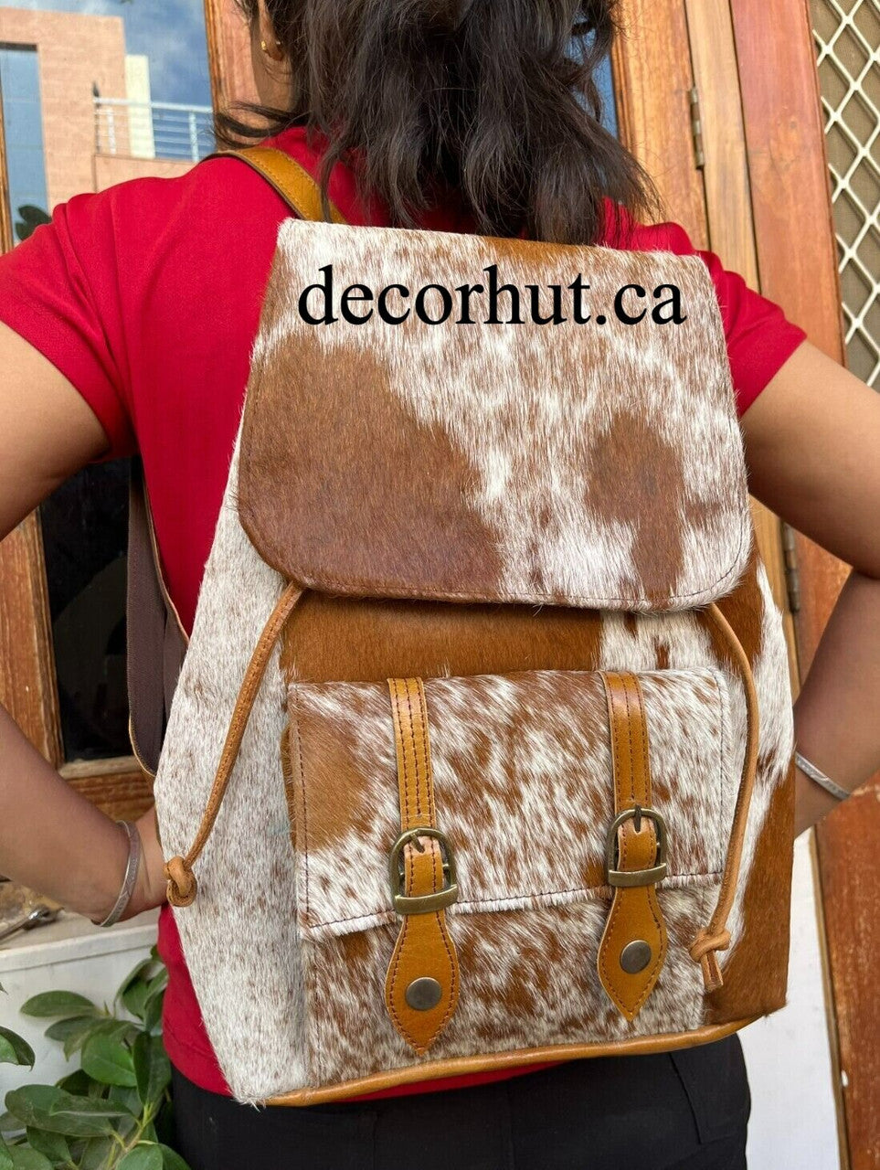Exotic Cowhide Backpack Brown White