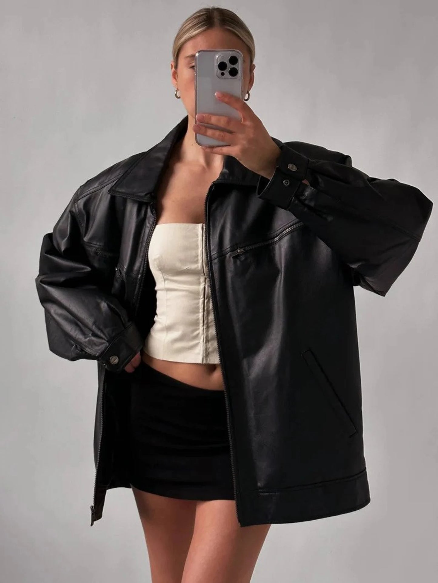 women black leather oversized jackets