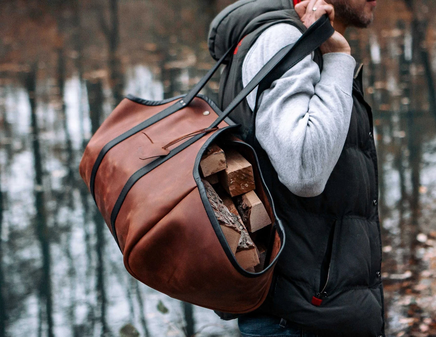 Genuine leather log carrier firewood bag