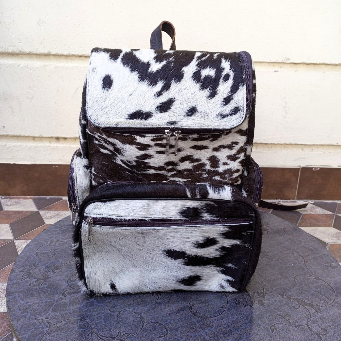 Black White Cowhide Mommy Backpack