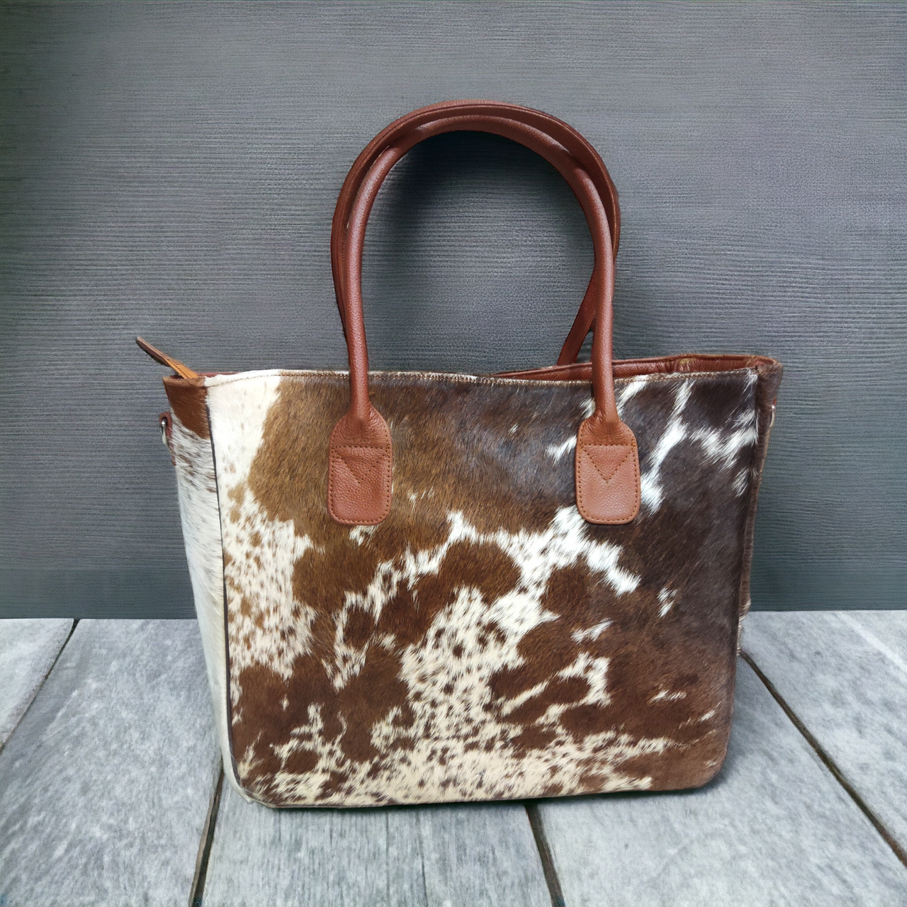 Cowhide Handbag Brown White