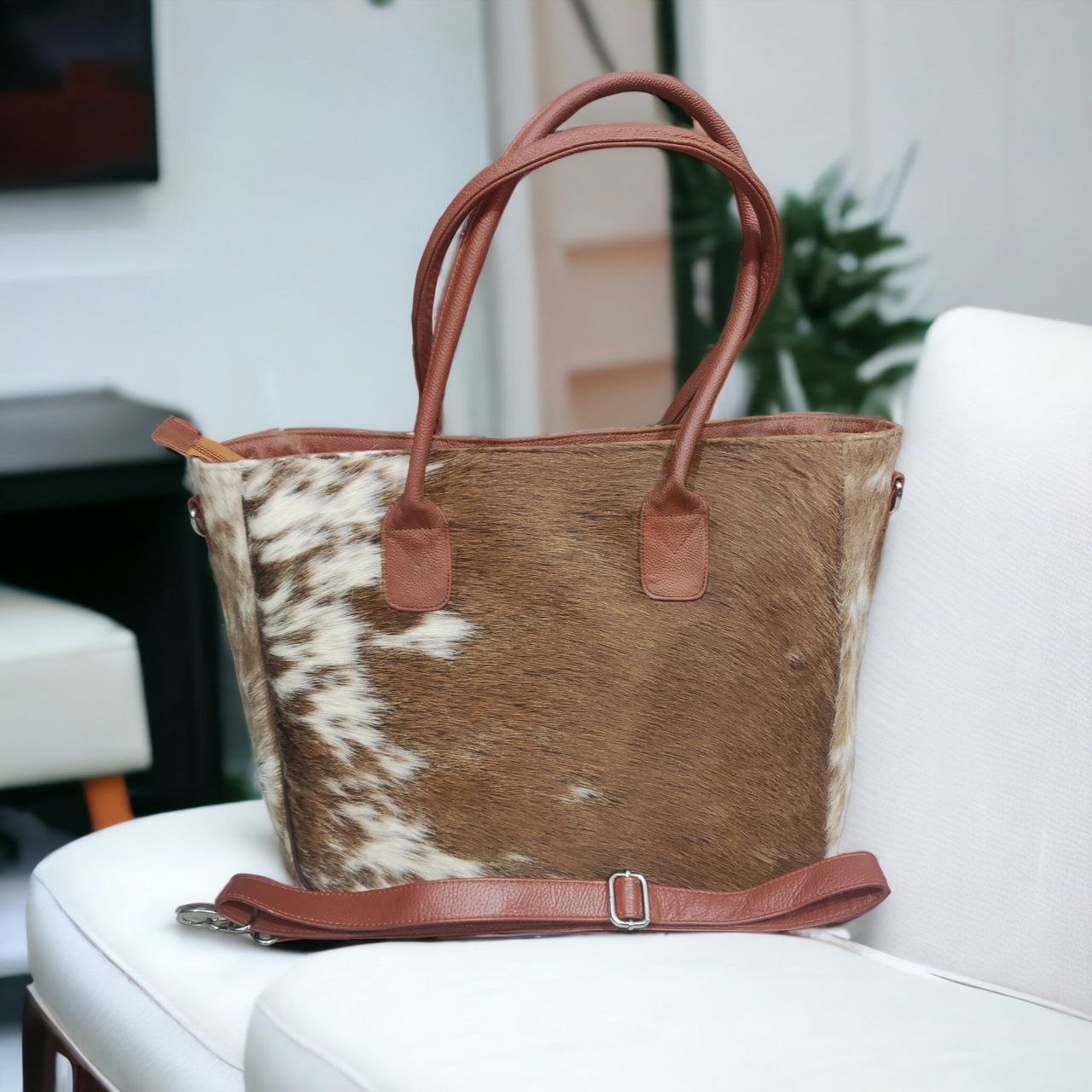 Brown White Real Cowhide Tote Bag