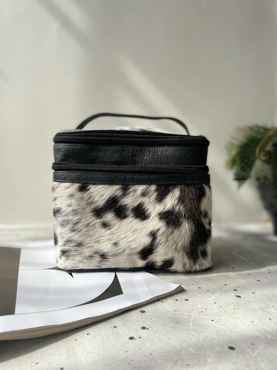 Cowhide Black White Makeup Travel Bag