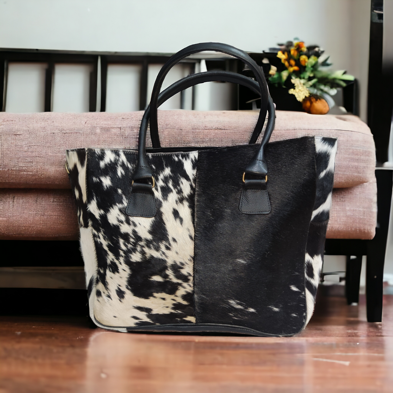 Black White Cowhide Shoulder Handbag
