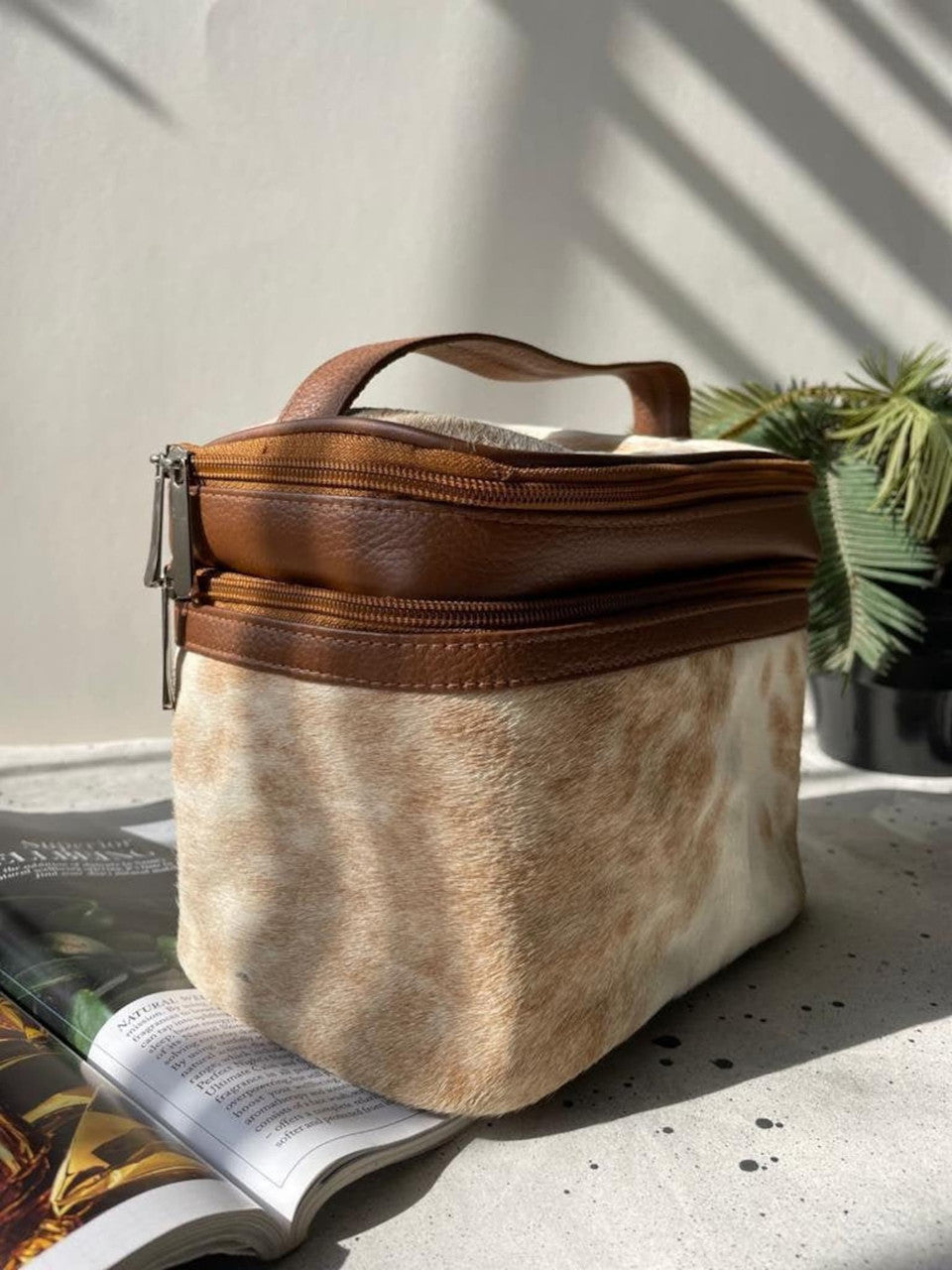 Cowhide Makeup Toiletry Zipper Vanity Bag