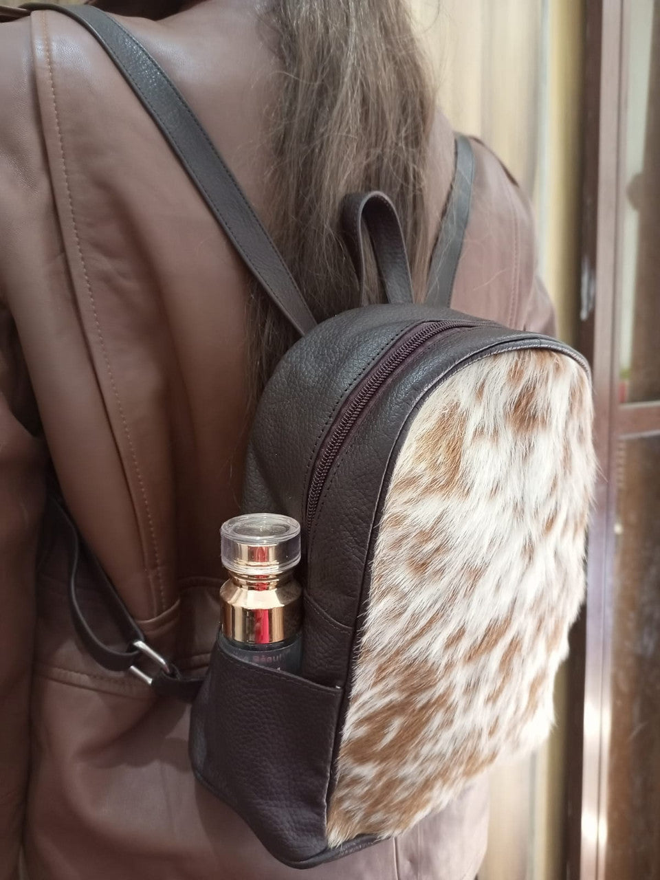 Brown White Mini Cowhide Backpack