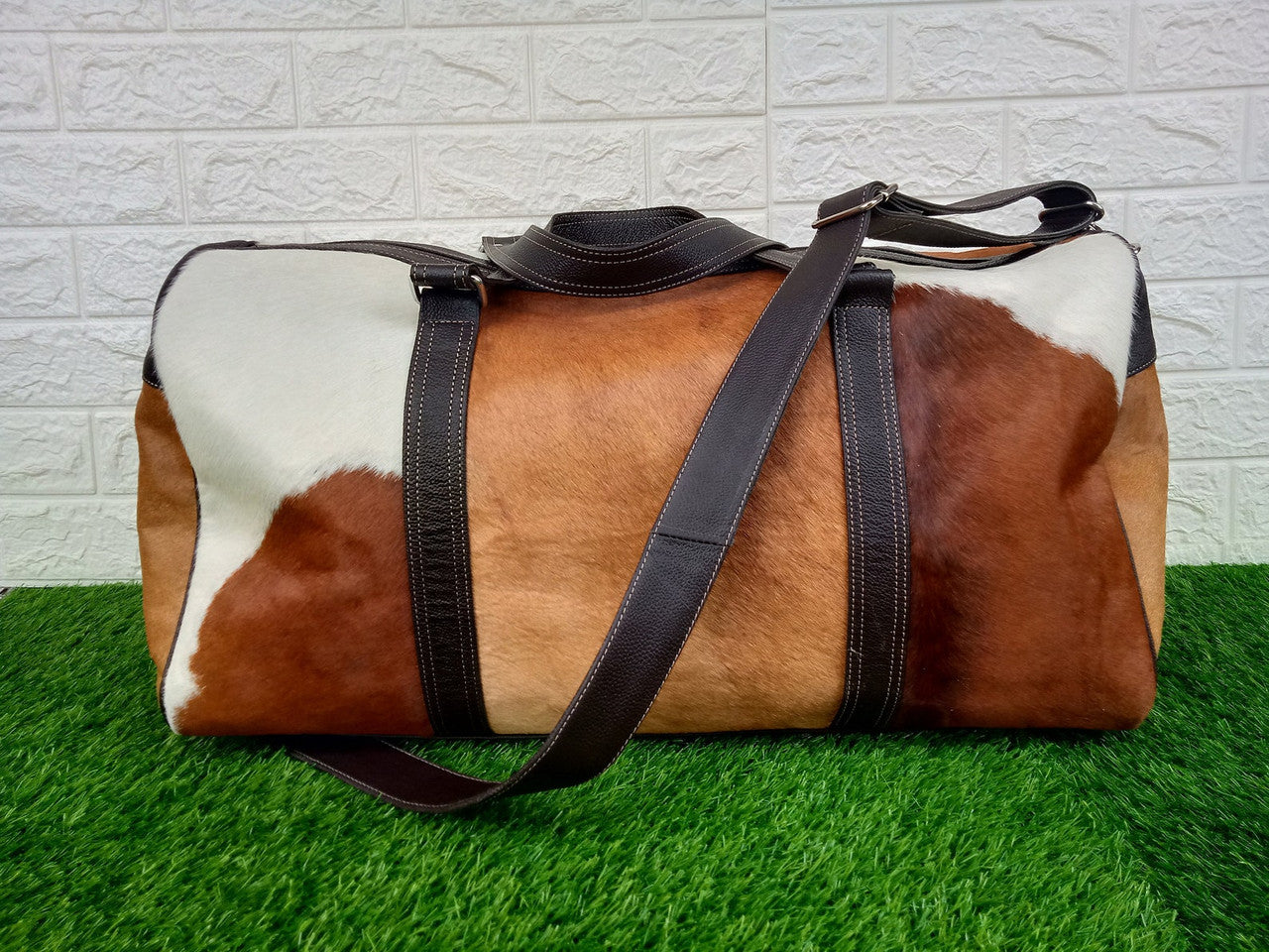 Real Cowhide Duffel Bag Brown White