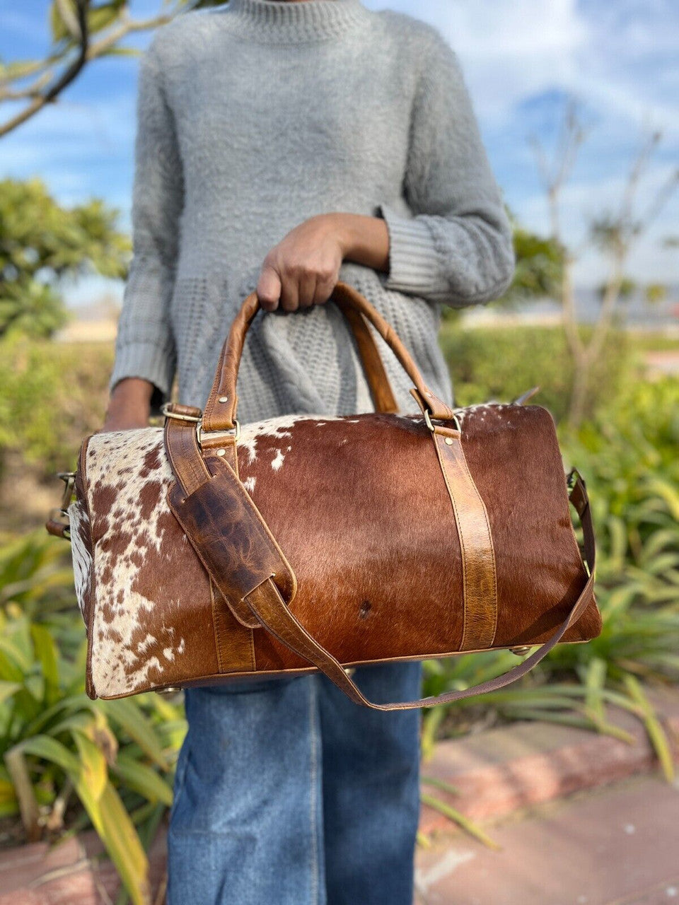 Cowhide Duffle Bag Brown White