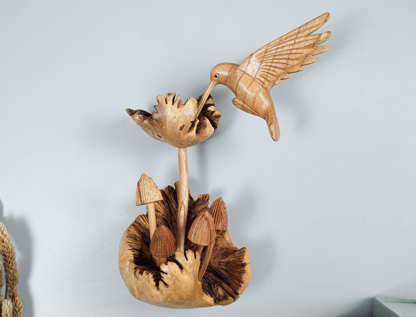 wooden wall decor Hummingbird on Mushroom