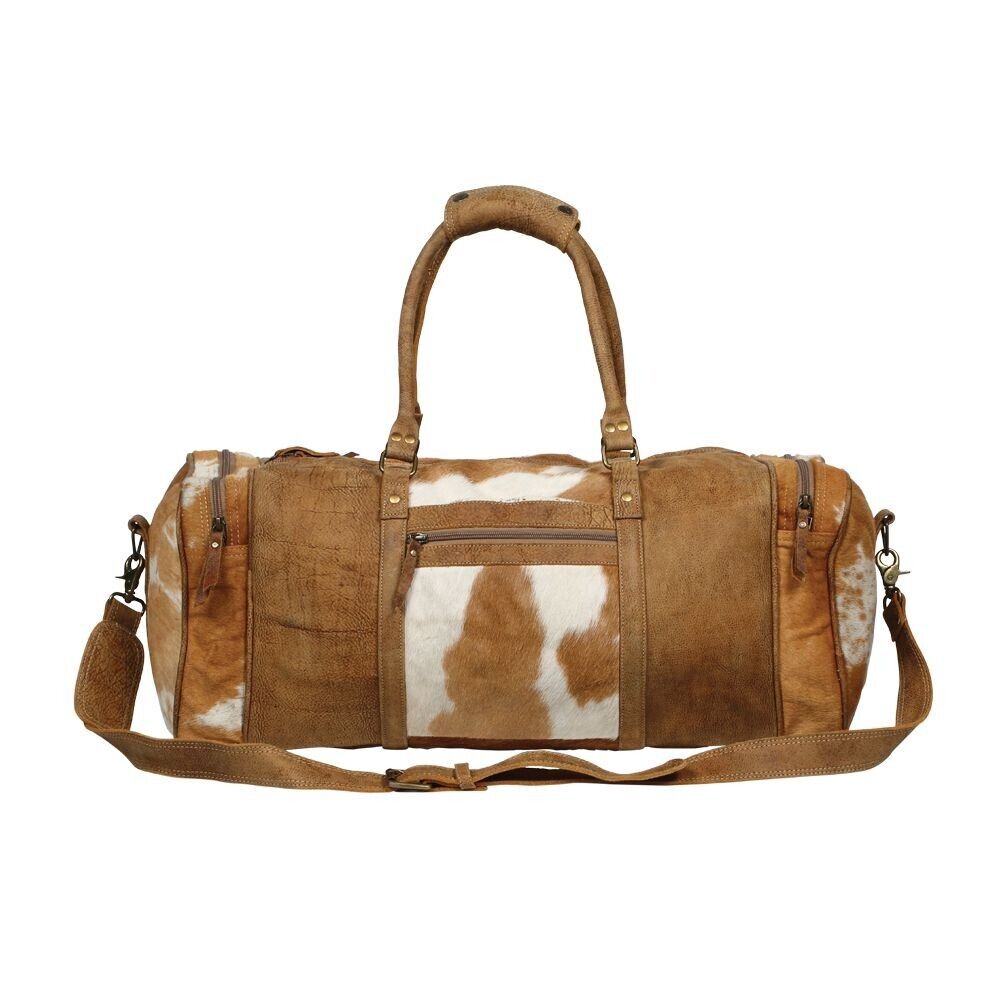 Large Brown White Cowhide Duffle Bag
