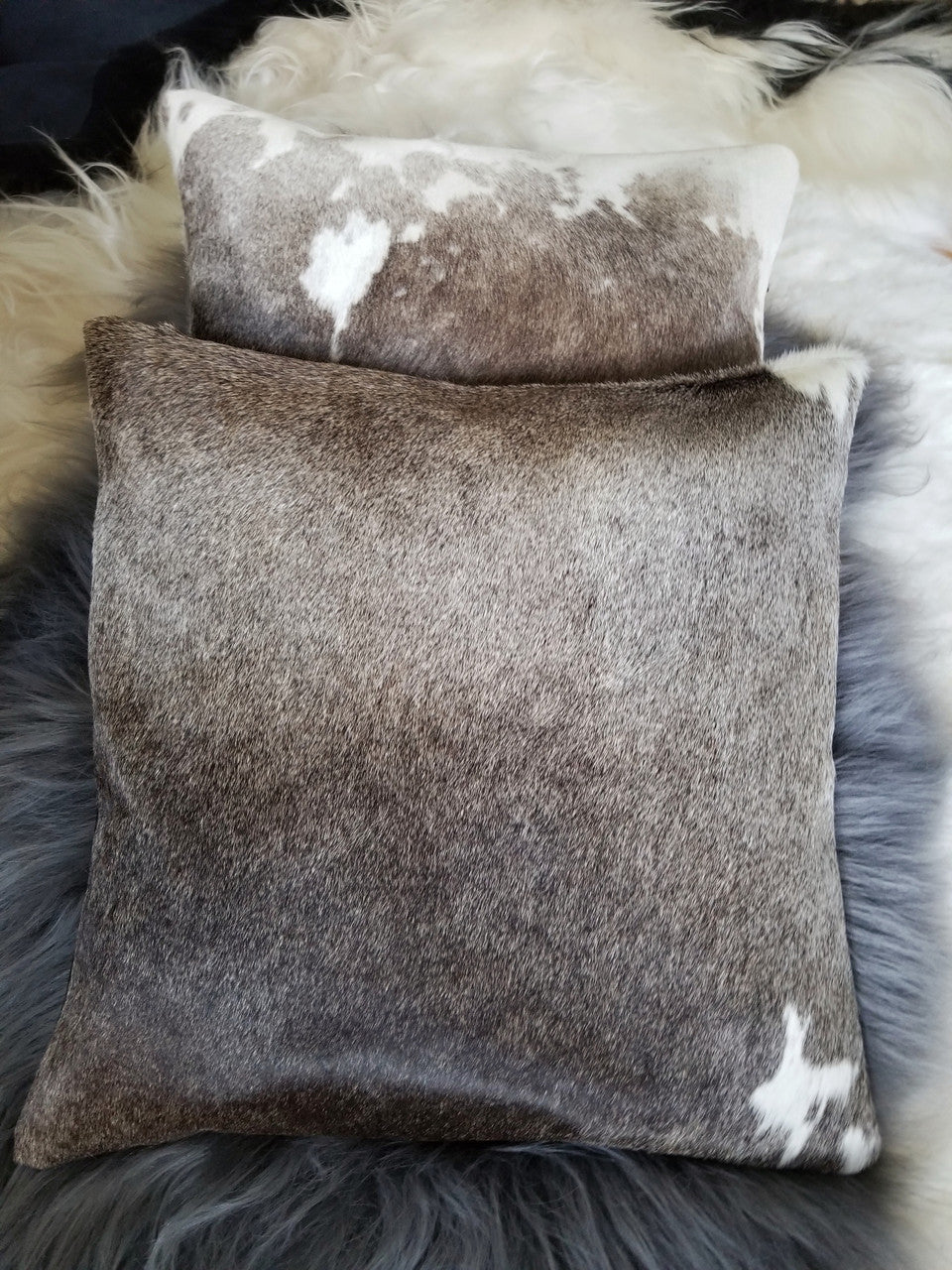 Pair of Exotic Grey Cowhide Cushion Cover Pillow Case 16 X 16