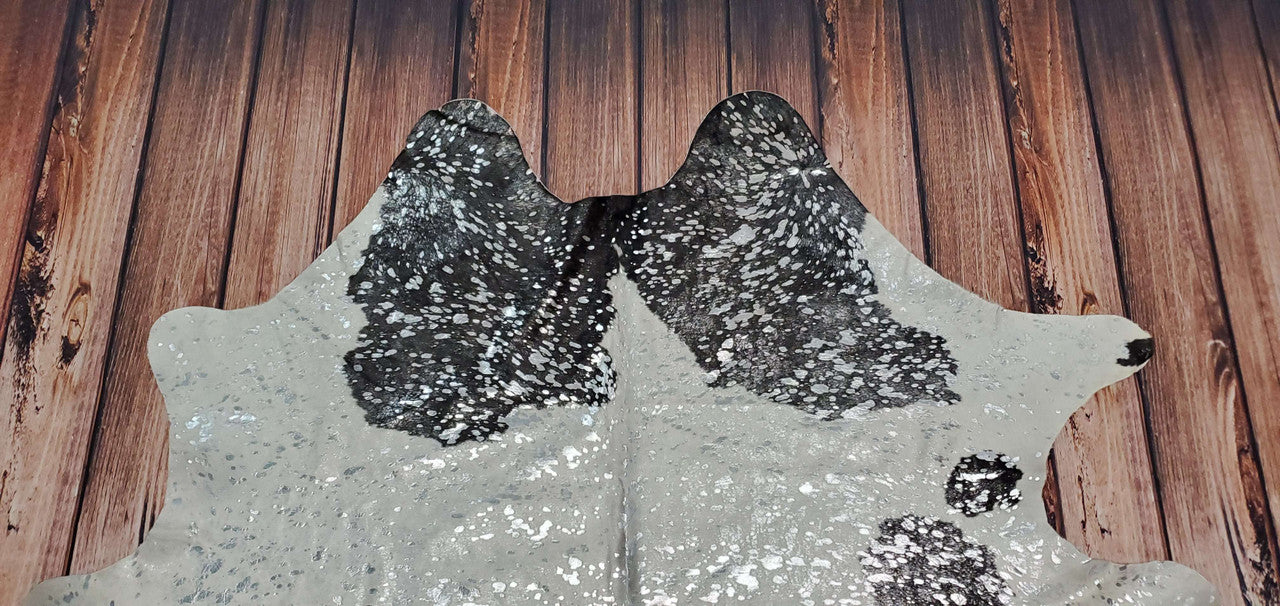 Silver Metallic On Black White Cowhide Rug 7ft x 6ft