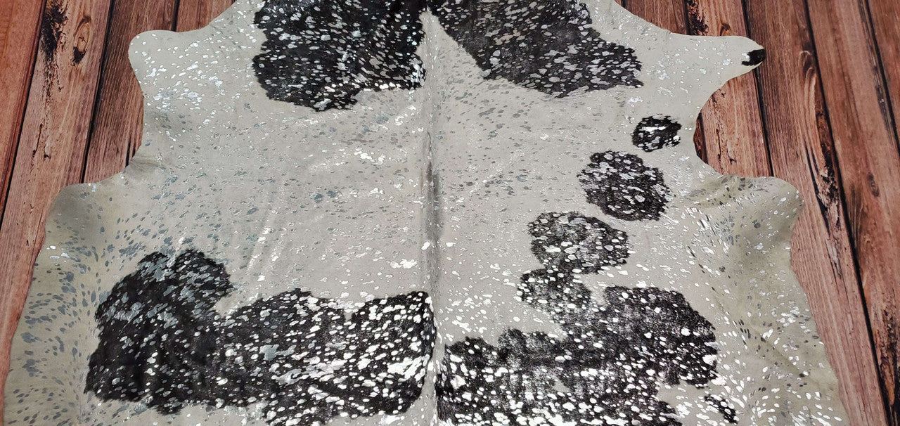 Silver Metallic On Black White Cowhide Rug 7ft x 6ft