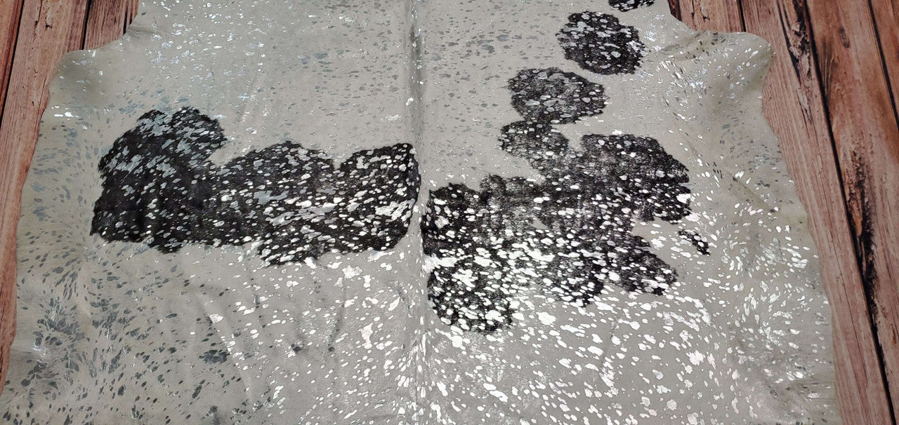 Silver Metallic On Black White Cowhide Rug 7ft x 6ft