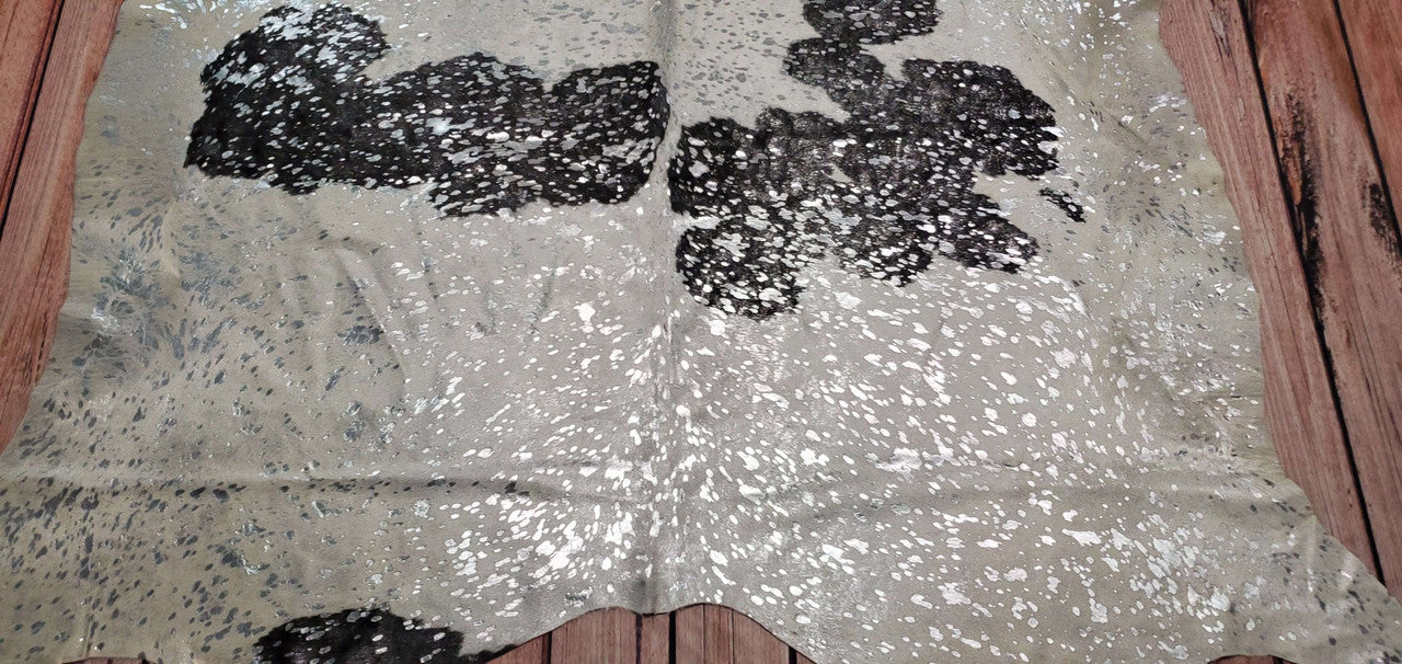 Silver Metallic On Black White Cowhide Rug 7ft x 6ft