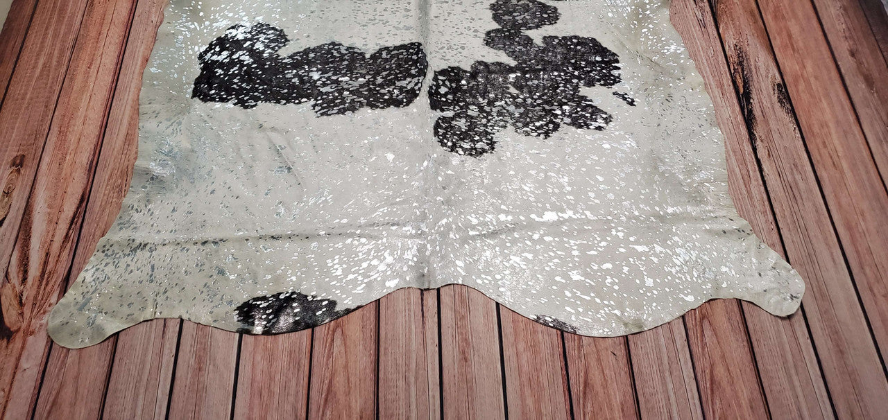 Silver Metallic On Black White Cowhide Rug 7ft x 6ft