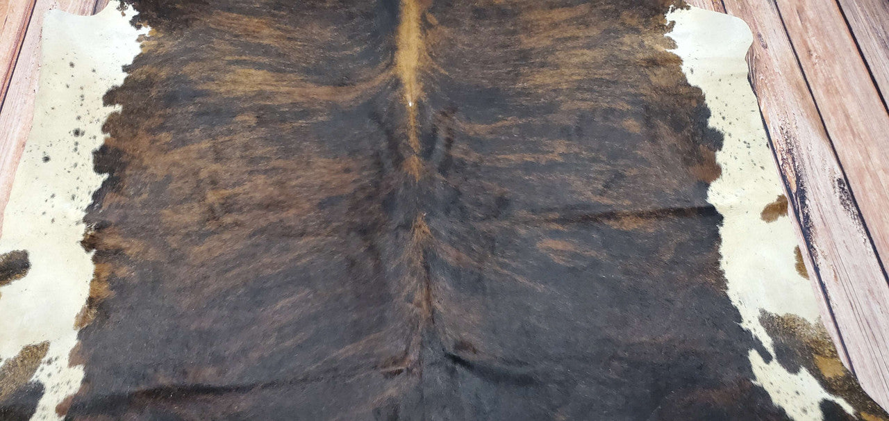 Large Dark Brown Black White Cowhide Rug 7.5ft X 6.75ft