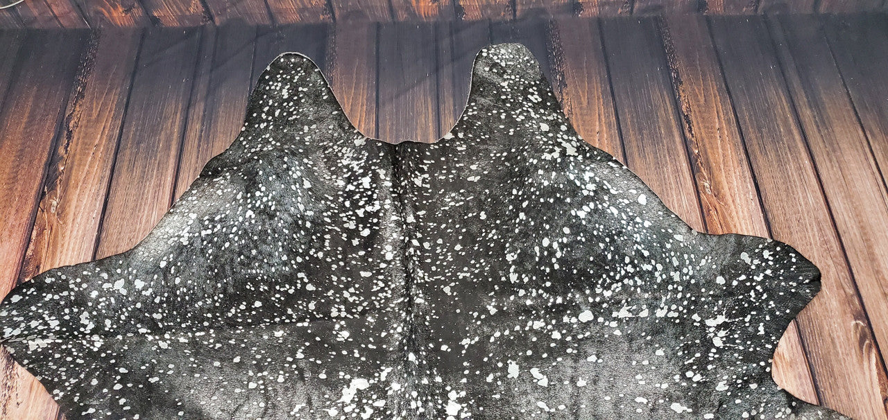 Large Silver Metallic On Black Cowhide Rug 7.6ft x 6.8ft
