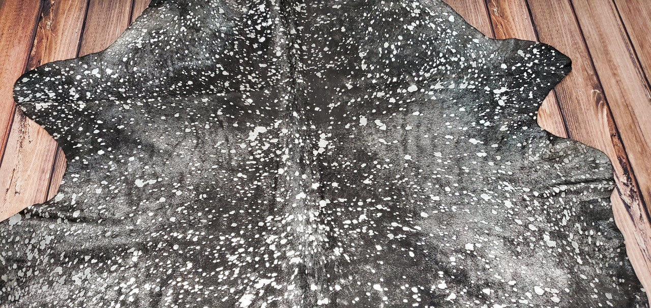 Large Silver Metallic On Black Cowhide Rug 7.6ft x 6.8ft