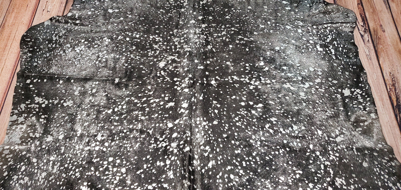 Large Silver Metallic On Black Cowhide Rug 7.6ft x 6.8ft
