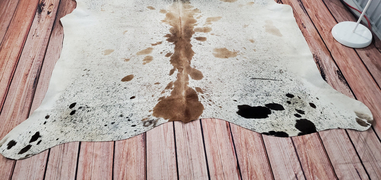 Brown White Speckled Cowhide Rug 6.2ft x 6.6ft.
