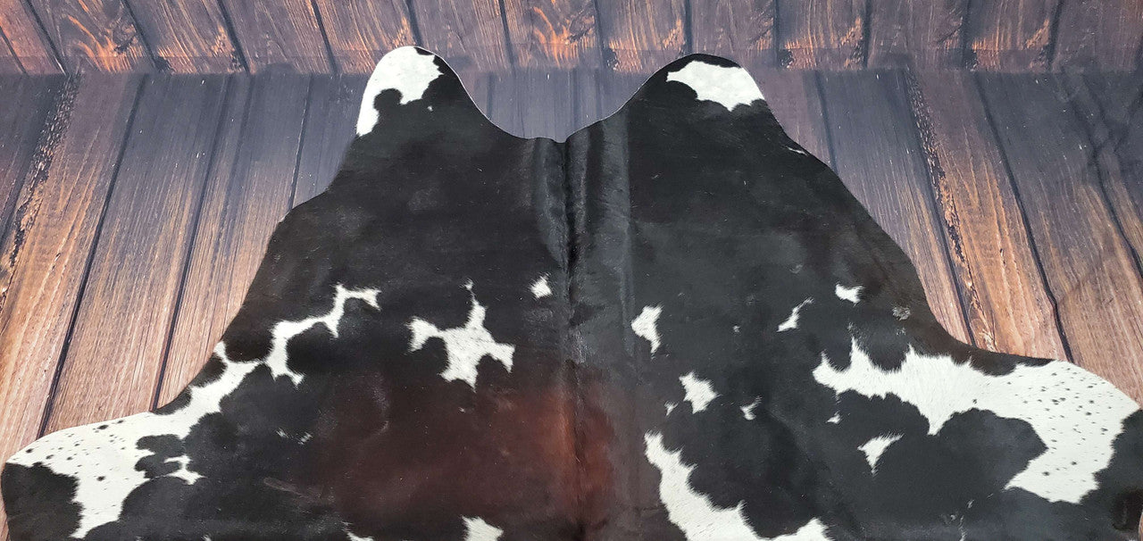 Large Cowhide Rug Spotted Black Brown White 7.7ft x 7ft