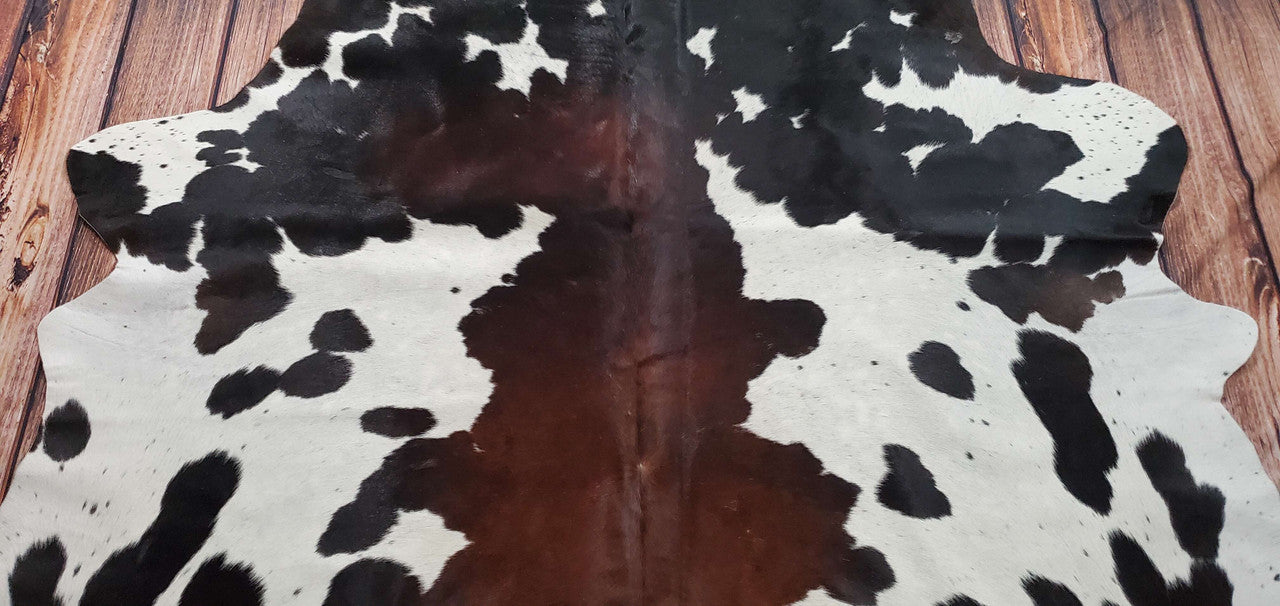 Large Cowhide Rug Spotted Black Brown White 7.7ft x 7ft