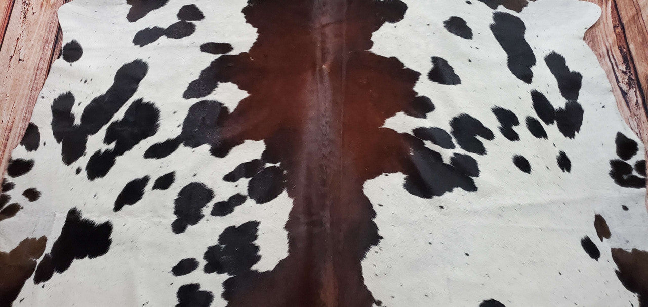 Large Cowhide Rug Spotted Black Brown White 7.7ft x 7ft