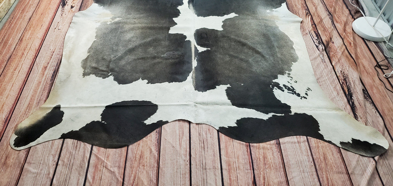 XL Gray White Genuine Cowhide Rug 7.3ft x 6.5ft