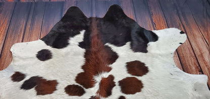 Large Brazilian TriColor Black Brown White Cowhide Rug 6.9ft x 6.3ft