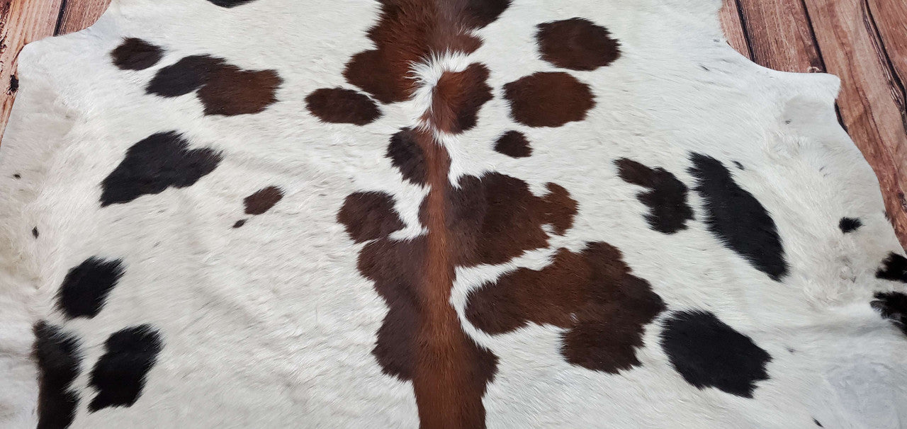 Large Brazilian TriColor Black Brown White Cowhide Rug 6.9ft x 6.3ft