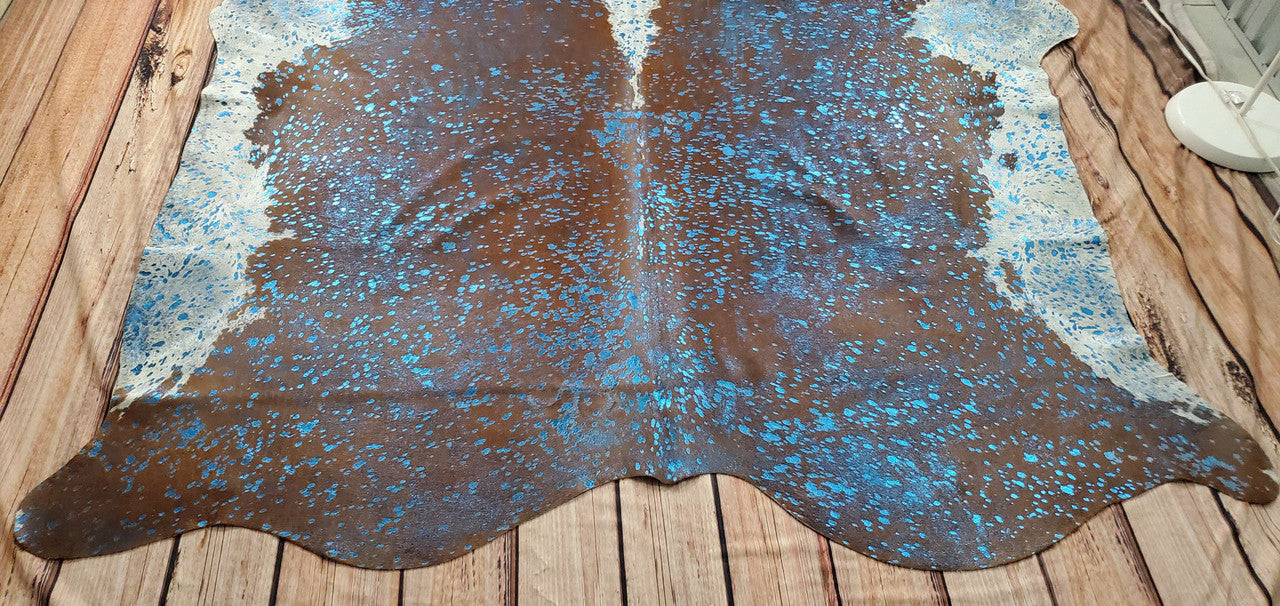Large Cowhide Rug Blue Metallic 7.3ft x 5.8ft