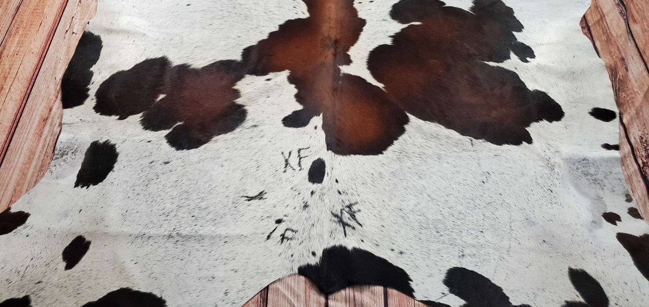 Large Tricolor Spotted Cowhide Rug 7.3ft x 6.8ft