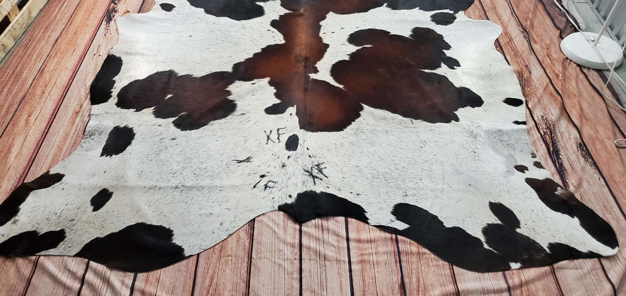 Large Tricolor Spotted Cowhide Rug 7.3ft x 6.8ft