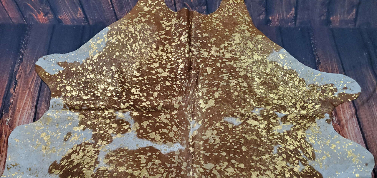 Gold Metallic On Brown White Cowhide Rug 7.3ft x 6.1ft