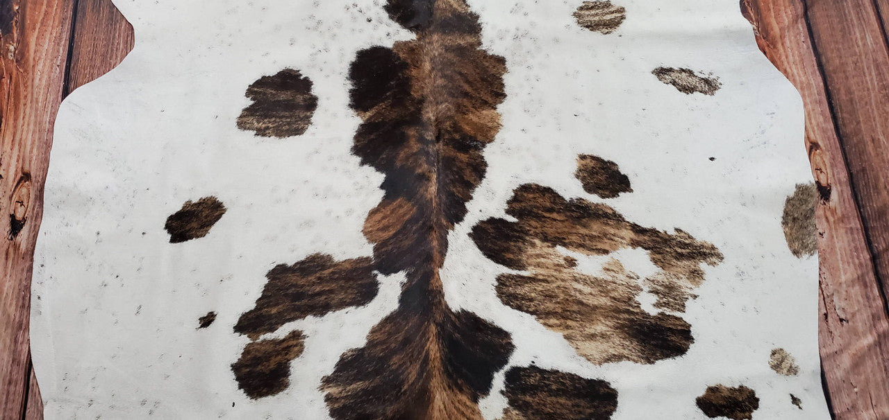 This spotted cowhide rug goes with virtually any color scheme. Practical and pleasant, it is a blend of black, brown, and white.
